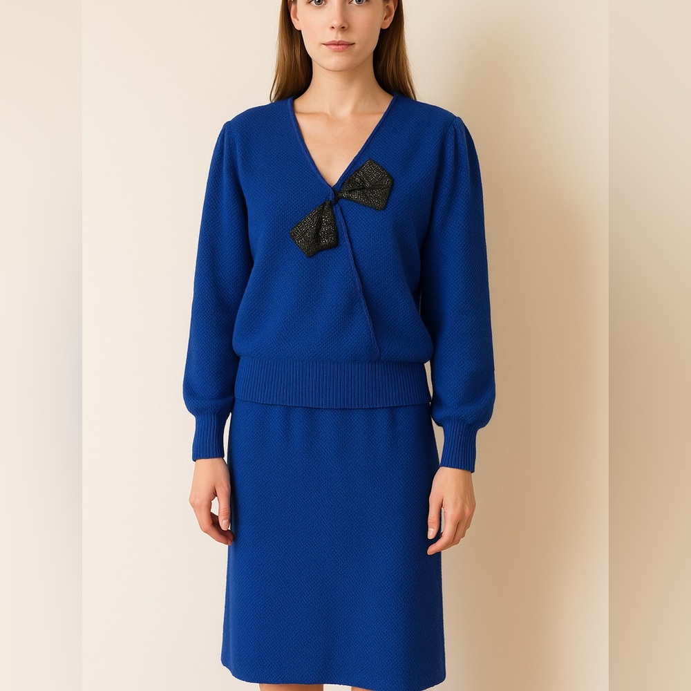 Vintage Epic Steven Women’s Large Cobalt Blue Beaded Top Skirt Set Wool 80s